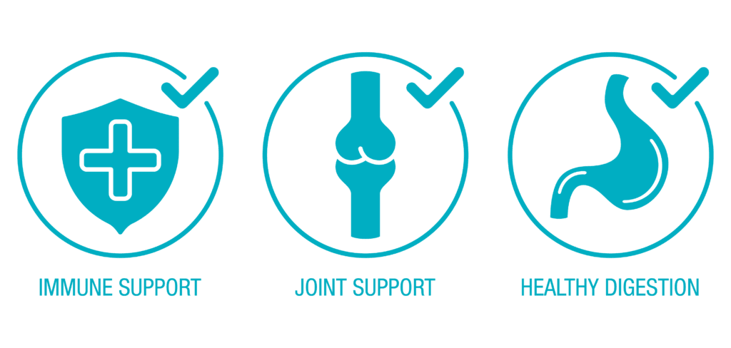 Icons that claim immune support, joint support, and health digestion for supplement label claims. 