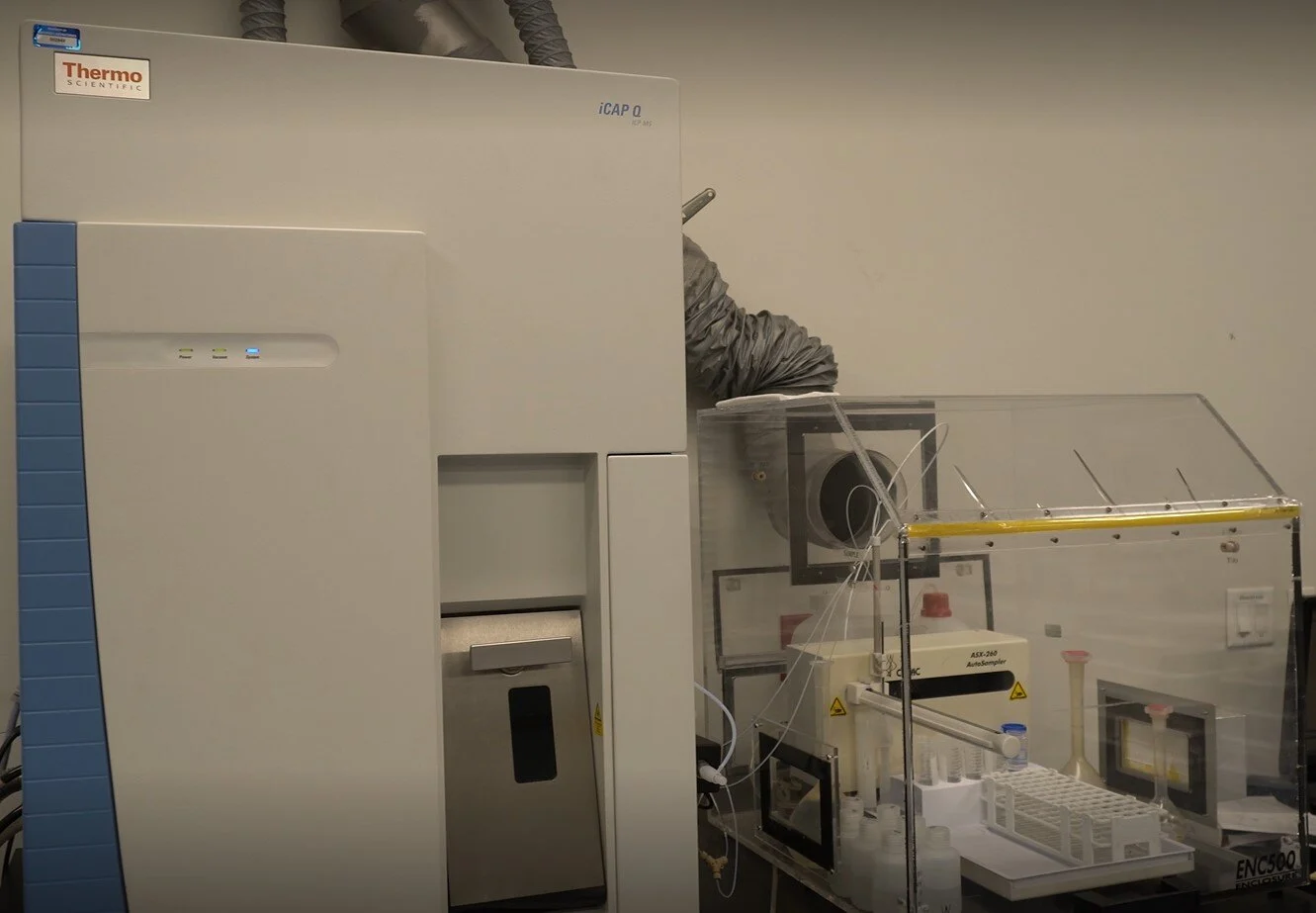 Inductively Coupled Plasma Mass Spectrometry (ICP-MS) instrument for heavy metals testing of food in a testing lab.