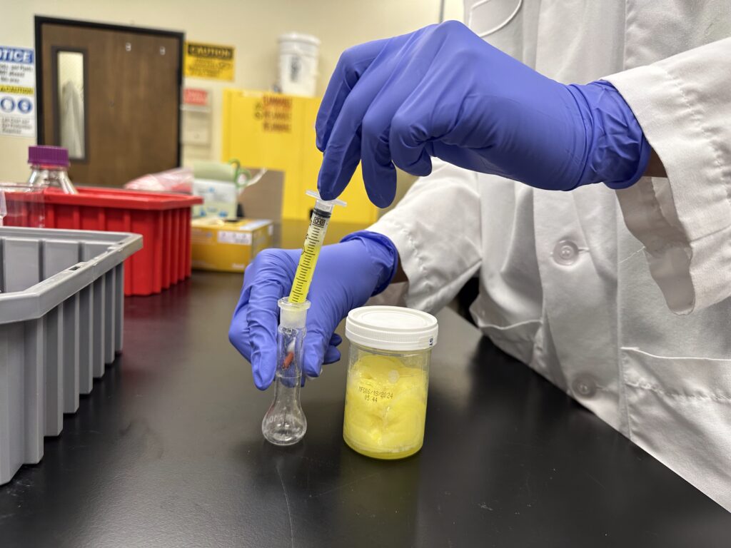 Technician wearing white lab coat and blue vinyl gloves preparing a sample for validated testing in a lab. 