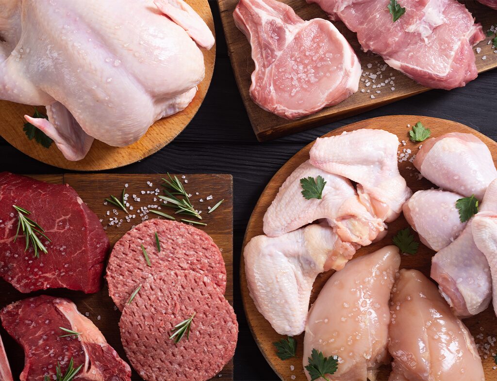 Kabob with chunks of raw beef and vegetable for protein testing.