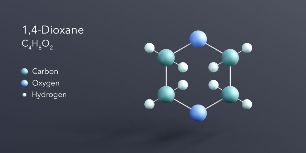 Graphic of the chemical symbol for 1,4-dioxane, which New York state limits in cosmetic and personal care products.
